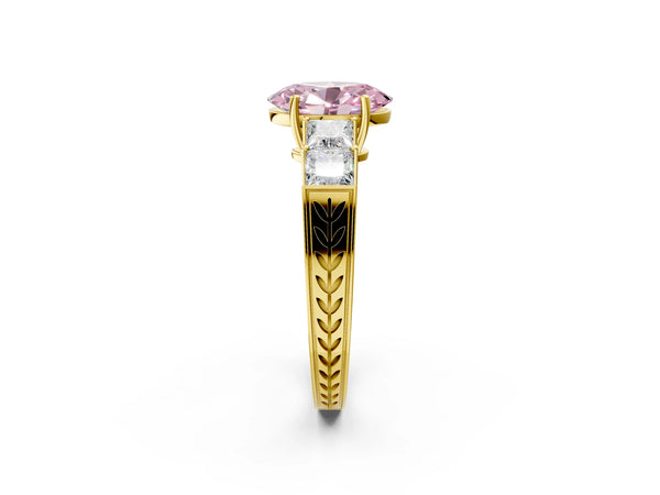 Yellow gold Fancy Pink Oval Cut Solitaire Princess Side Stone Engraved Band Prong Setting Ring