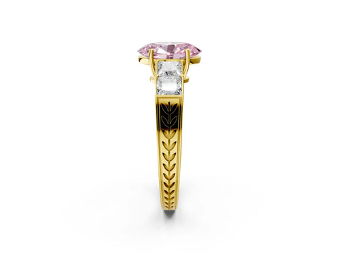 Yellow gold Fancy Pink Oval Cut Solitaire Princess Side Stone Engraved Band Prong Setting Ring_2