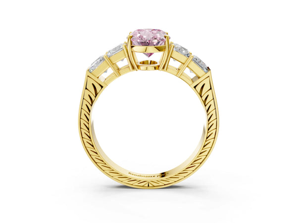 Yellow gold Fancy Pink Oval Cut Solitaire Princess Side Stone Engraved Band Prong Setting Ring