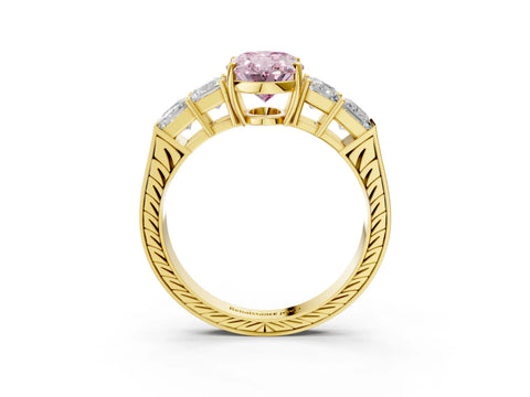 Yellow gold Fancy Pink Oval Cut Solitaire Princess Side Stone Engraved Band Prong Setting Ring_3