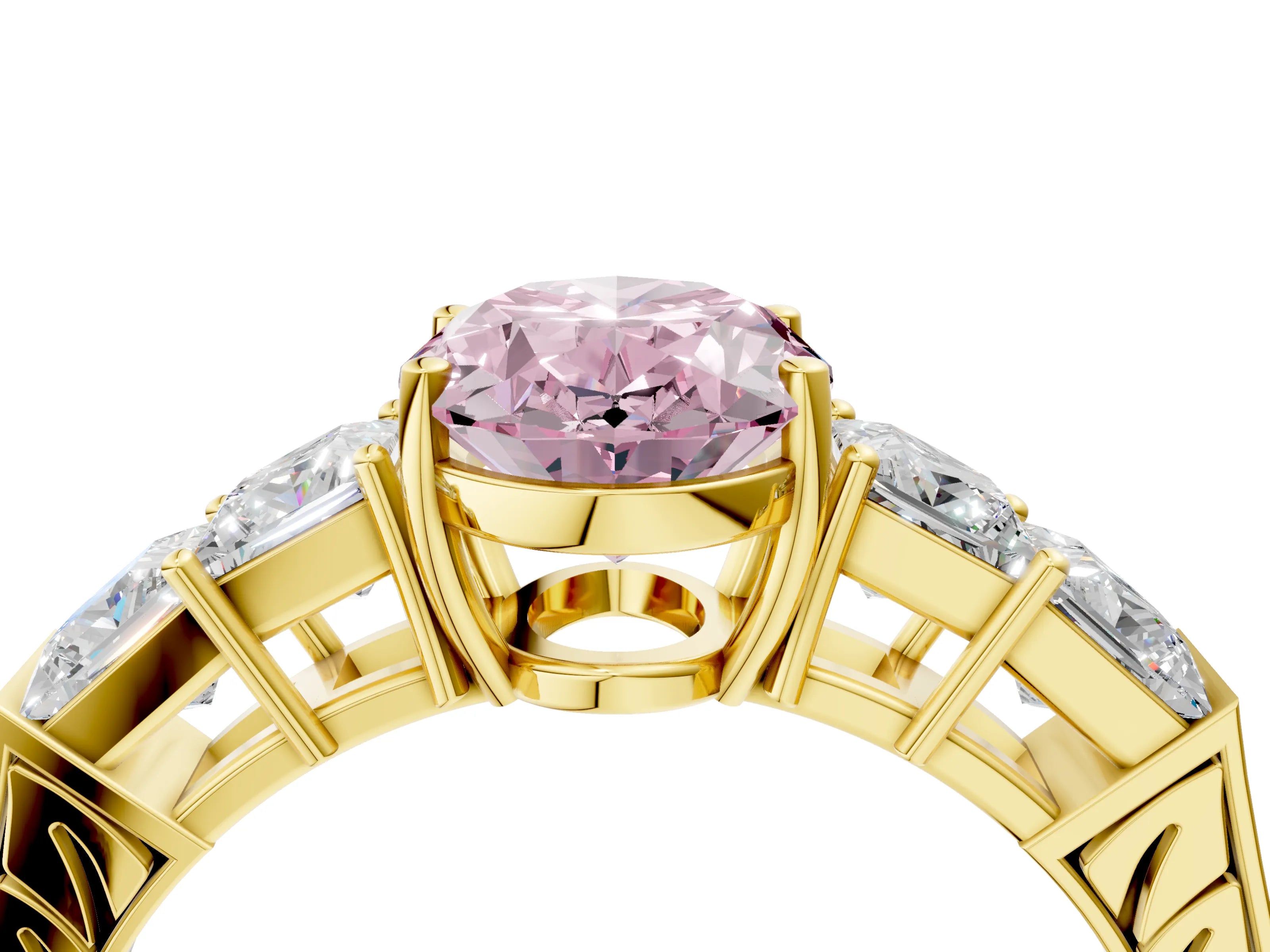Yellow gold Fancy Pink Oval Cut Solitaire Princess Side Stone Engraved Band Prong Setting Ring_4