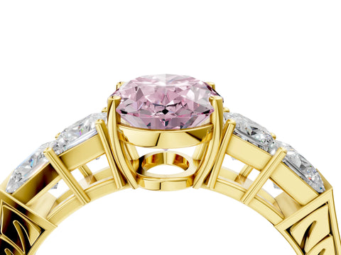 Yellow gold Fancy Pink Oval Cut Solitaire Princess Side Stone Engraved Band Prong Setting Ring_4