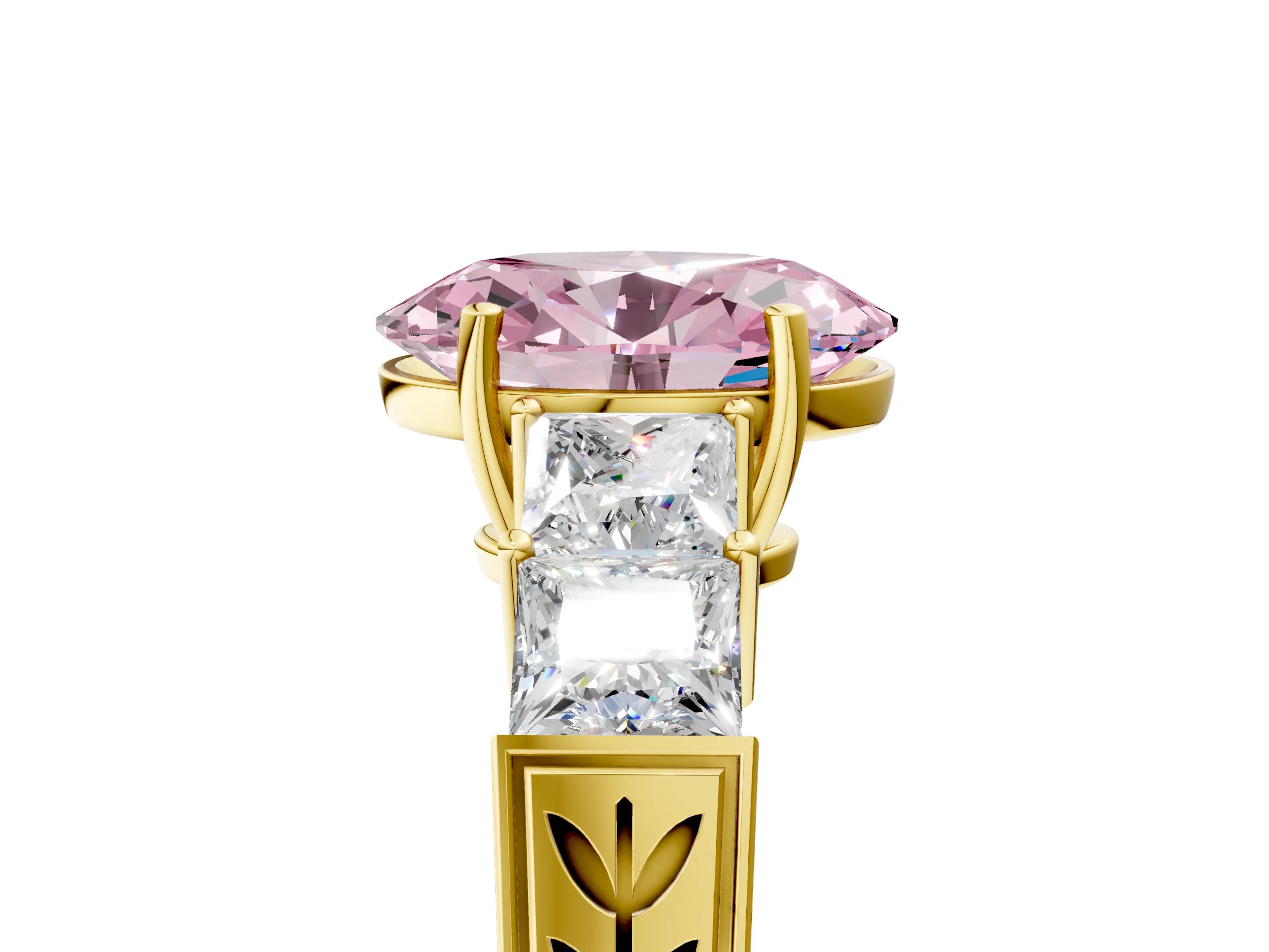 Yellow gold Fancy Pink Oval Cut Solitaire Princess Side Stone Engraved Band Prong Setting Ring_5