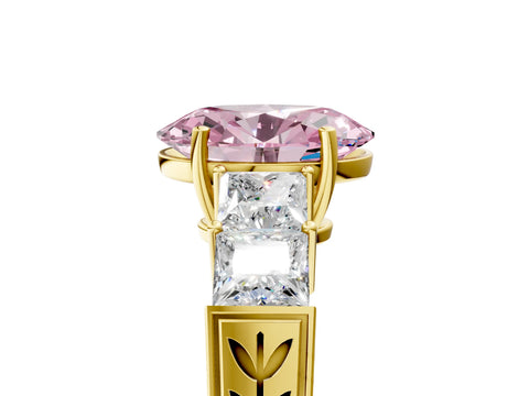Yellow gold Fancy Pink Oval Cut Solitaire Princess Side Stone Engraved Band Prong Setting Ring_5