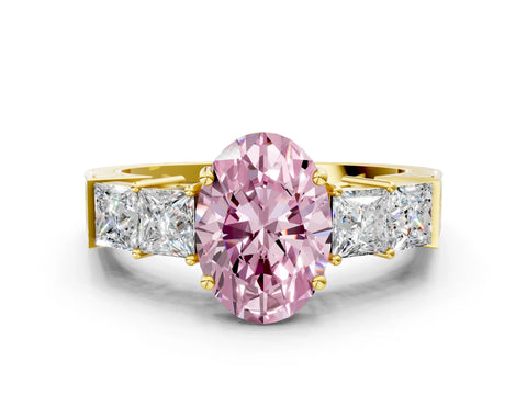 Yellow gold Fancy Pink Oval Cut Solitaire Princess Side Stone Engraved Band Prong Setting Ring