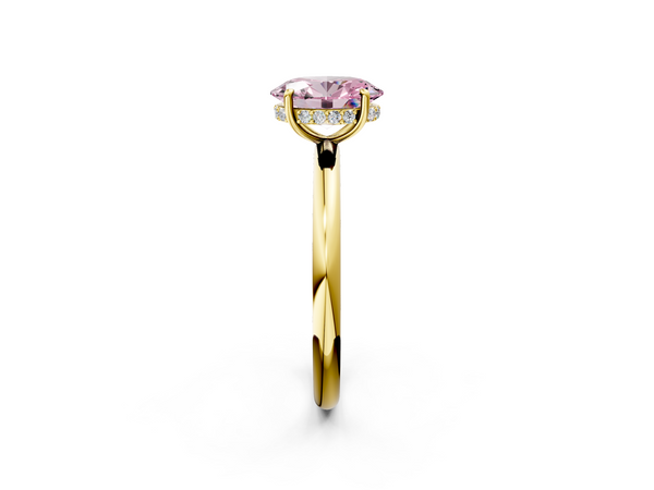 Yellow gold Fancy Pink Oval Cut Diamond Solitaire Ring with Thin Band and Four-Prong Setting