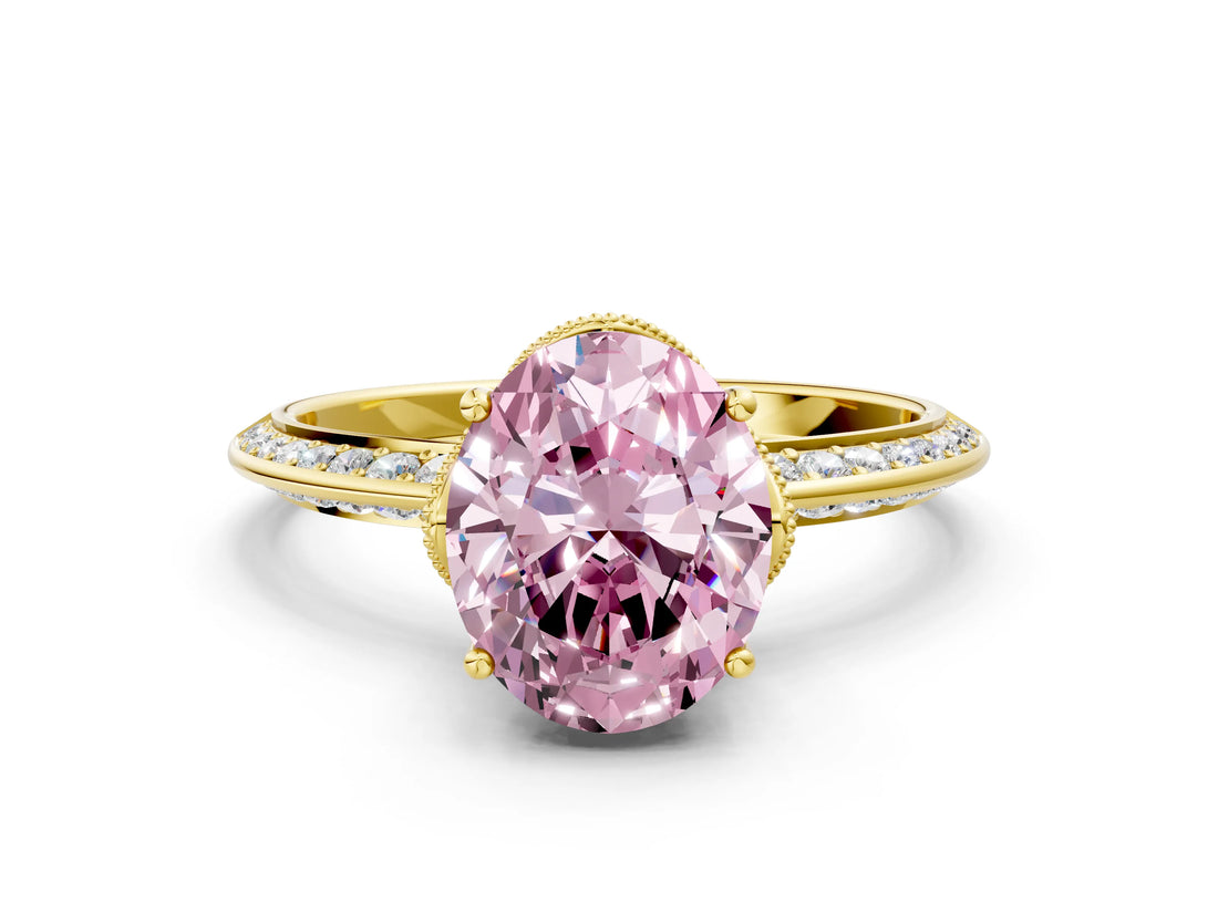 Yellow gold Fancy Pink Oval Cut Solitaire Split Shank Pave Diamond Engagement Ring with Four-Prong Setting