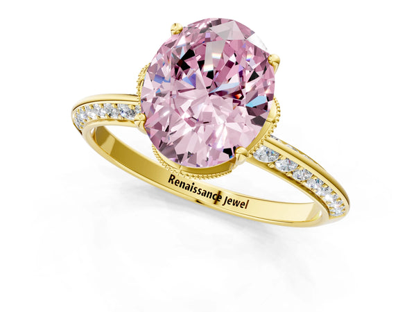 Yellow Gold Oval Graduated Pave Engagement Ring Setting for Fancy Pink Center