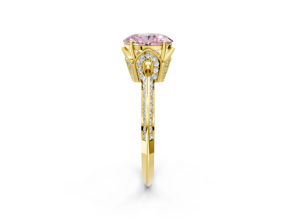 Yellow Gold Oval Graduated Pave Engagement Ring Setting for Fancy Pink Center