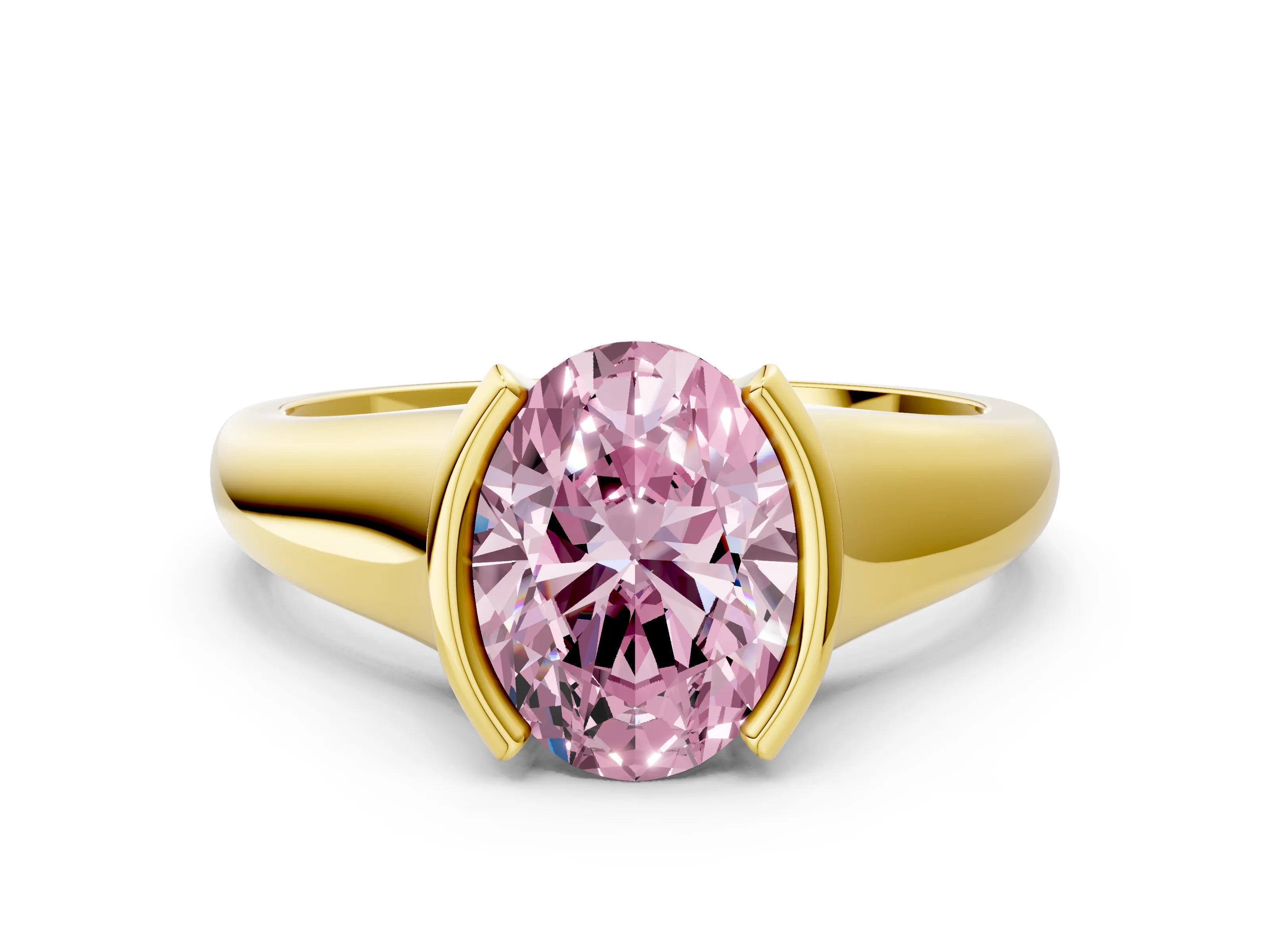 Yellow gold Fancy Pink Oval Cut Solitaire Tension Set Diamond Ring with Split Shank Band