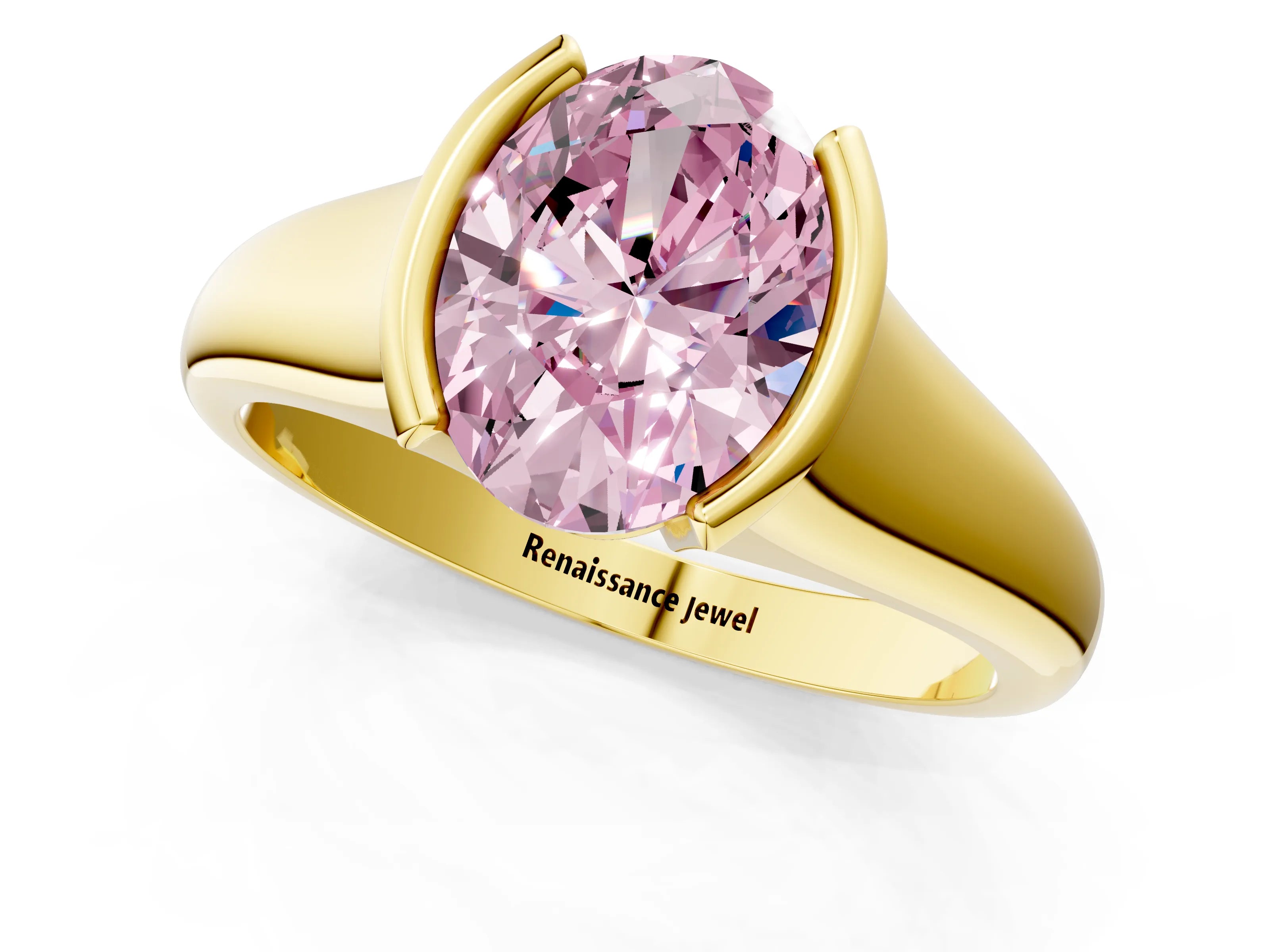 Yellow gold Fancy Pink Oval Cut Solitaire Tension Set Diamond Ring with Split Shank Band_1