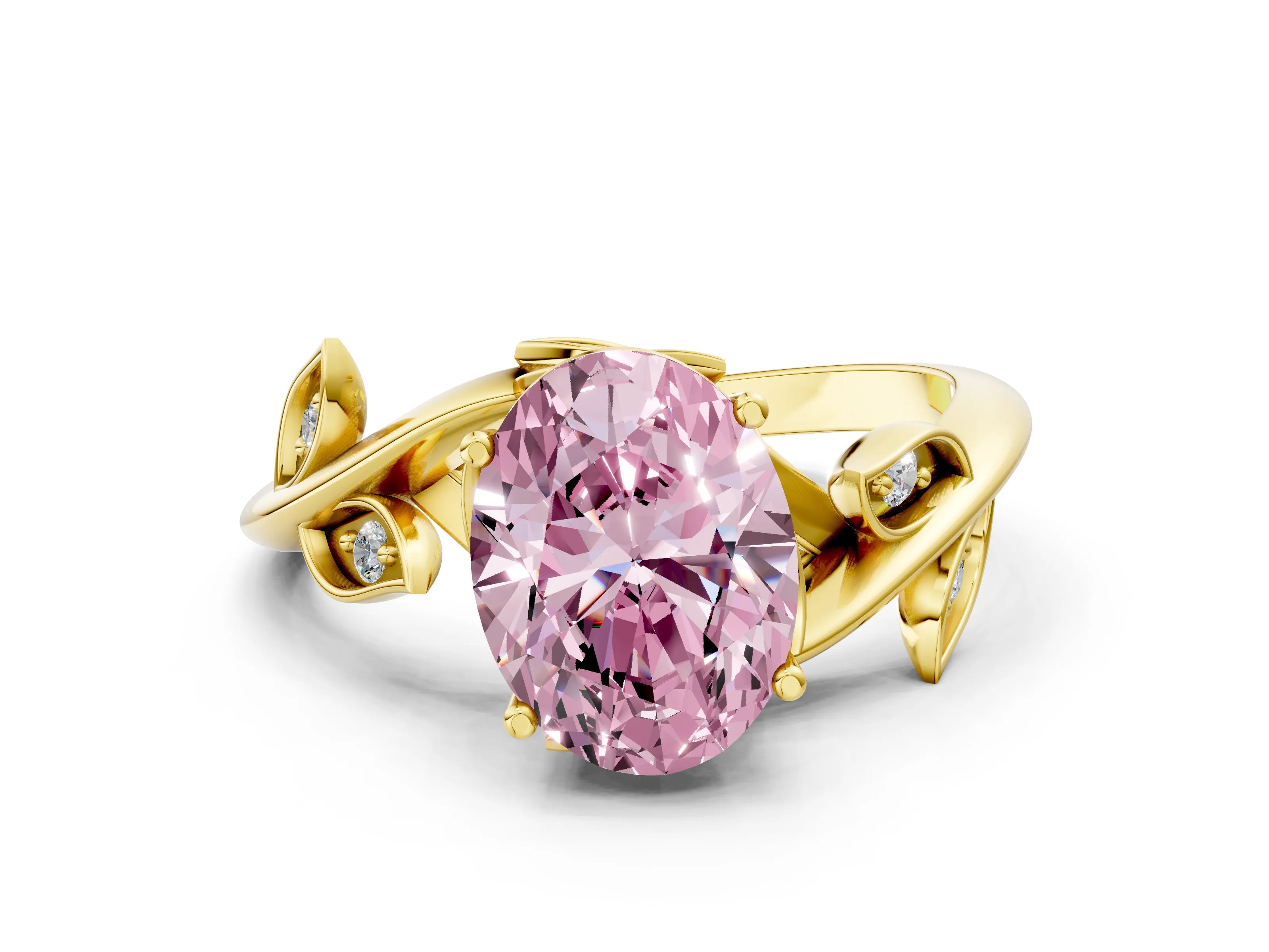 Yellow gold Fancy Pink Oval Cut Solitaire Twist Engagement Ring with Leaf Accents and Prong Setting_12