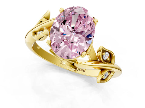 Yellow gold Fancy Pink Oval Cut Solitaire Twist Engagement Ring with Leaf Accents and Prong Setting_13