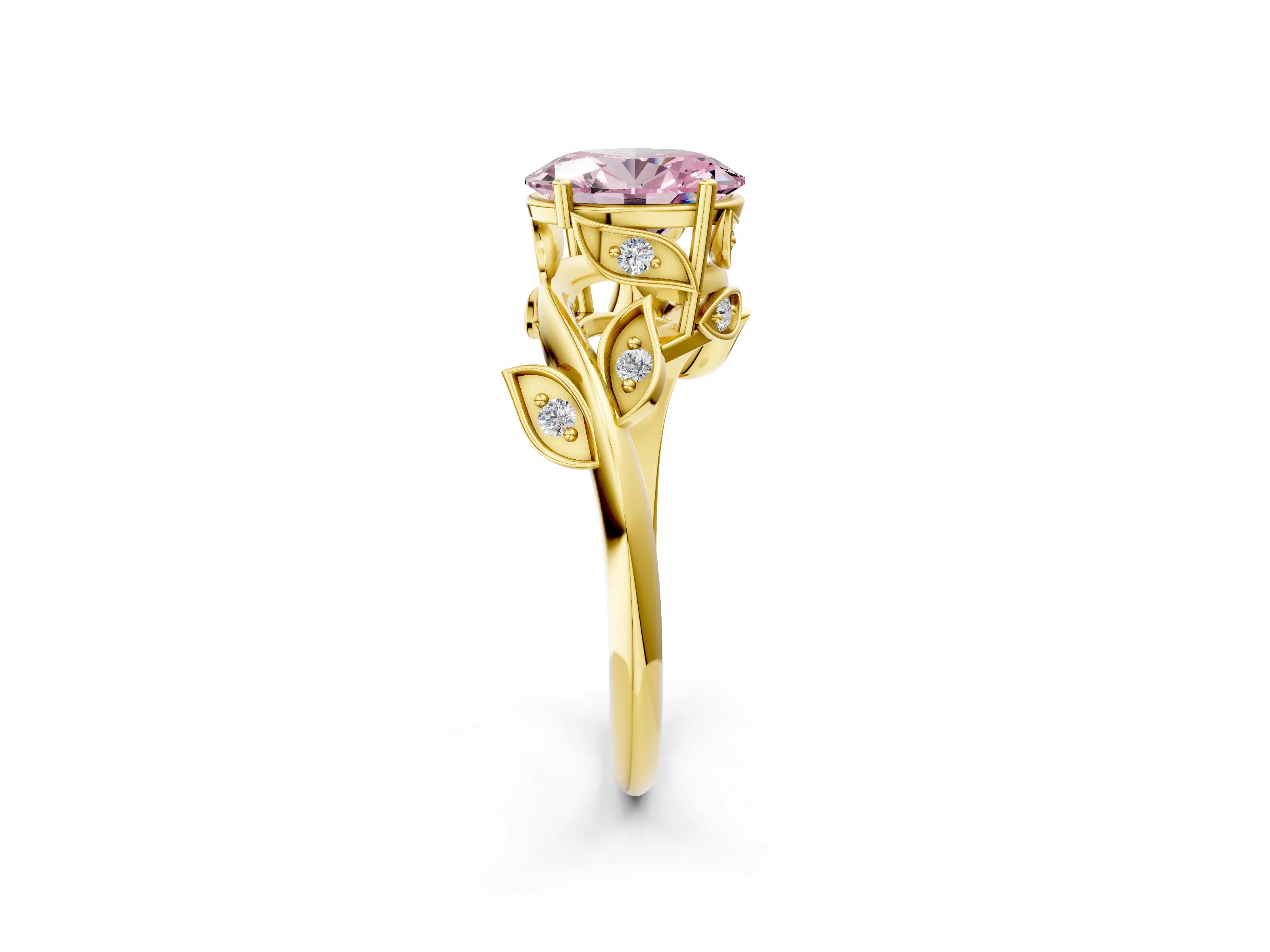 Yellow gold Fancy Pink Oval Cut Solitaire Twist Engagement Ring with Leaf Accents and Prong Setting_14
