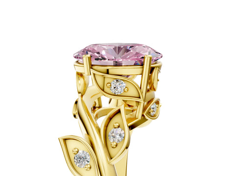Yellow gold Fancy Pink Oval Cut Solitaire Twist Engagement Ring with Leaf Accents and Prong Setting_17