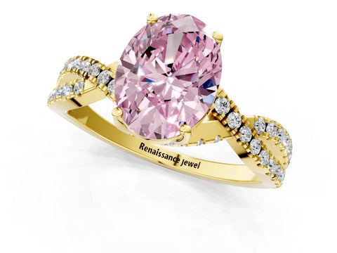 Yellow gold Fancy Pink Oval Cut Solitaire Twist Pave Diamond Engagement Ring with Prong Setting_1