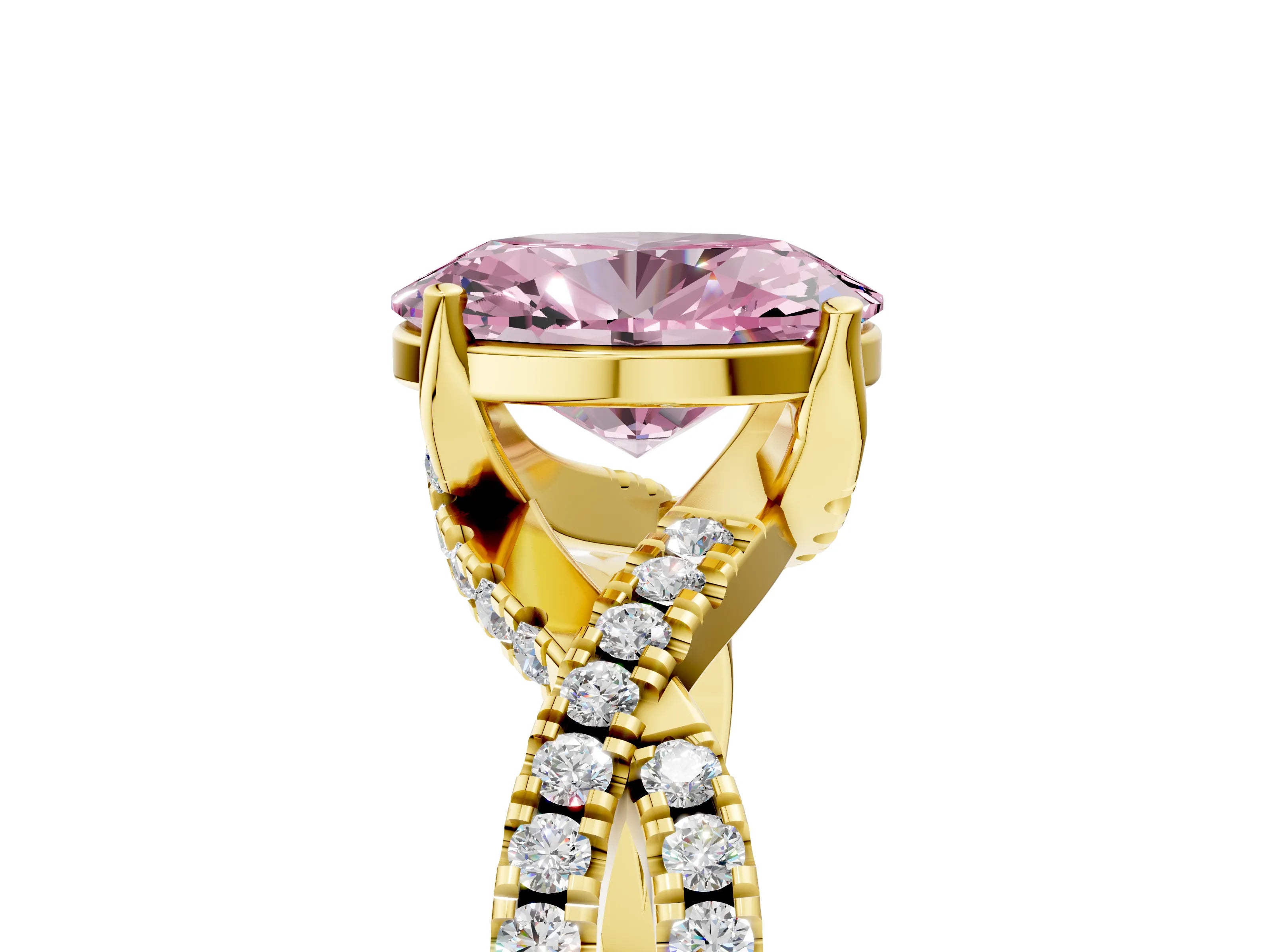 Yellow gold Fancy Pink Oval Cut Solitaire Twist Pave Diamond Engagement Ring with Prong Setting_29