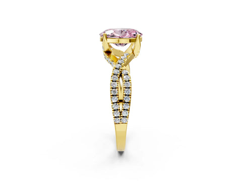 Yellow gold Fancy Pink Oval Cut Solitaire Twist Pave Diamond Engagement Ring with Prong Setting_2