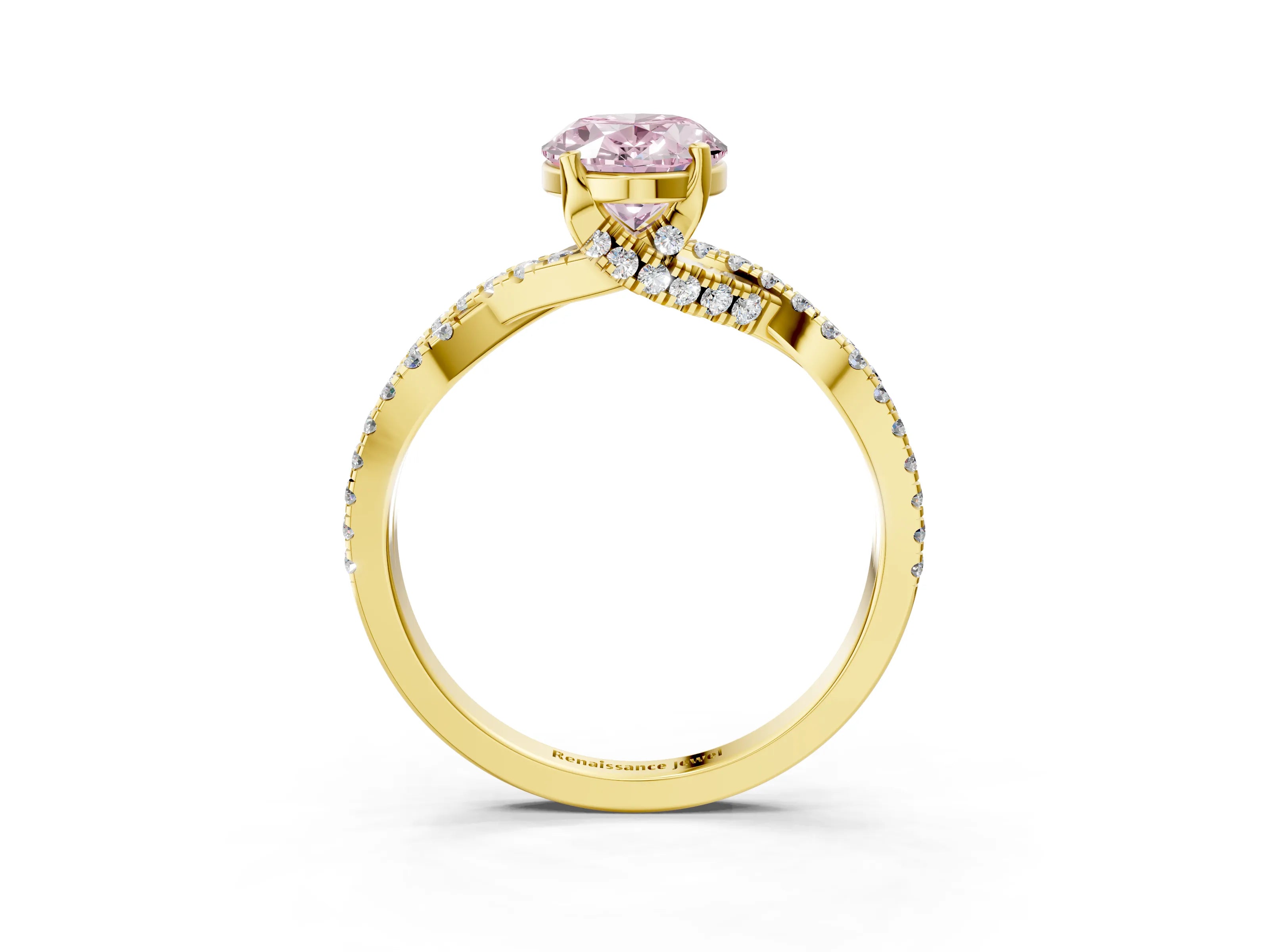 Yellow gold Fancy Pink Oval Cut Solitaire Twist Pave Diamond Engagement Ring with Prong Setting_3