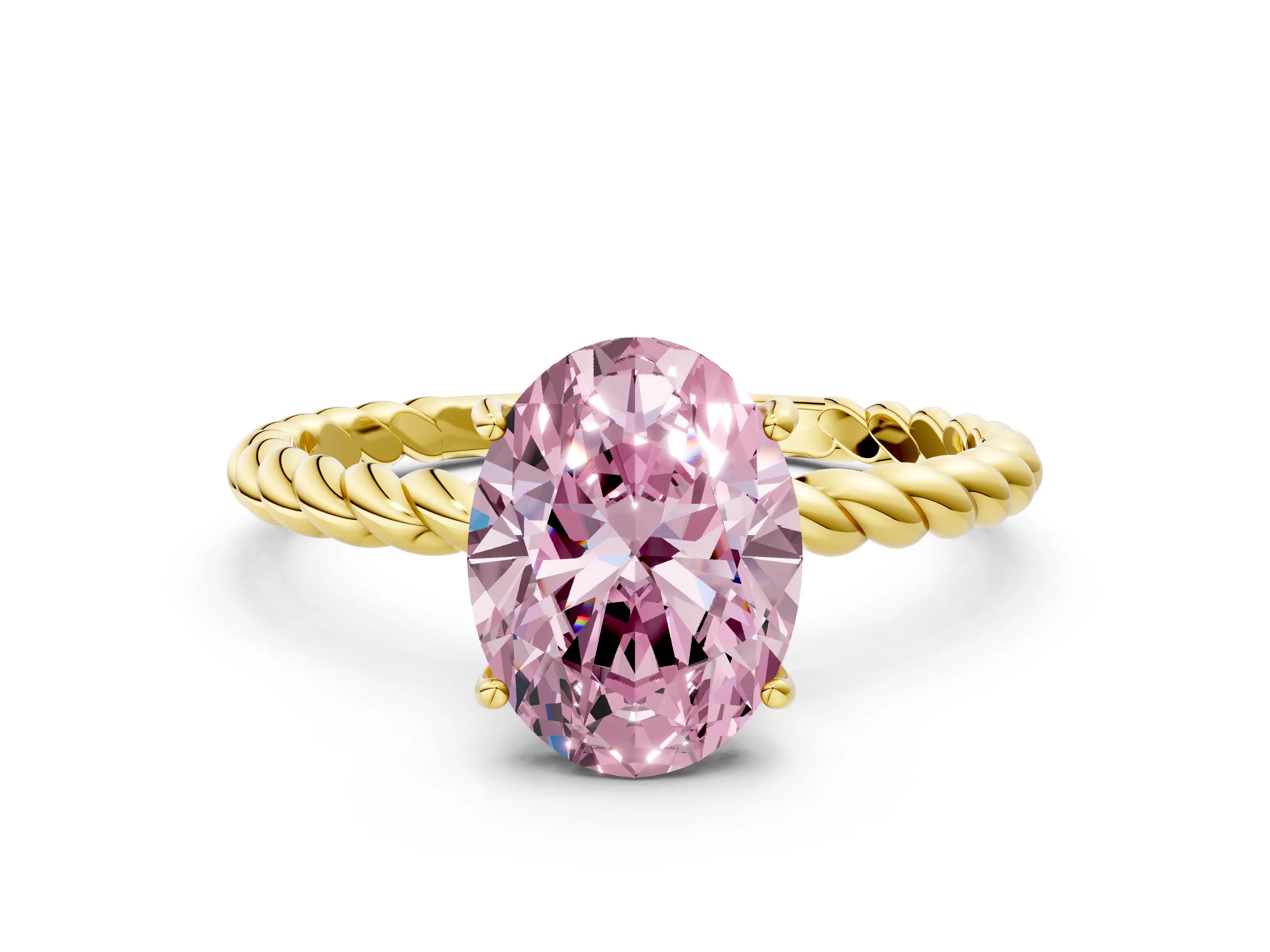 Yellow gold Fancy Pink Oval Cut Solitaire Twisted Band 4-Prong Ring