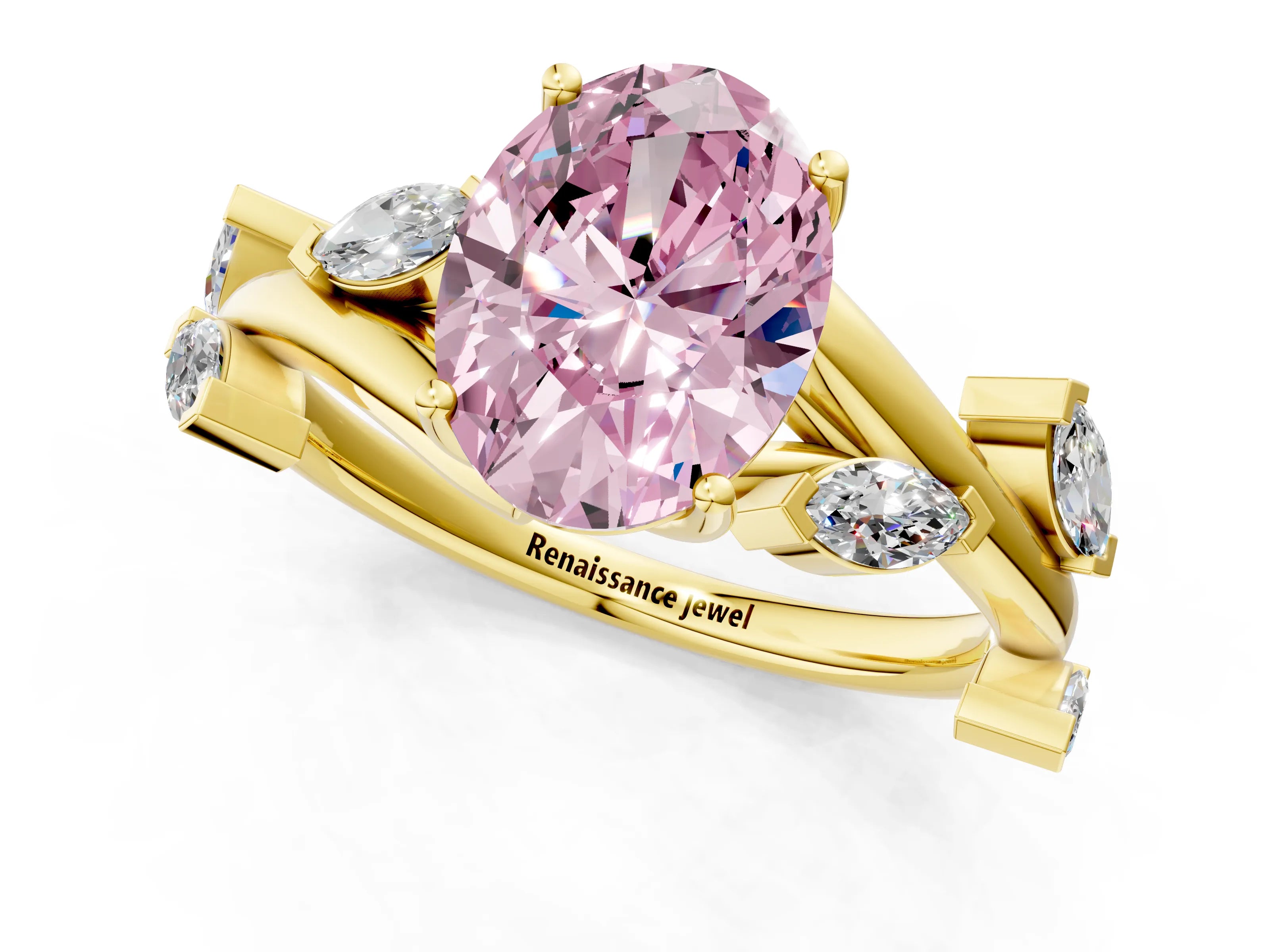 Yellow gold Fancy Pink Oval Cut Solitaire Twisted Band Marquise Accent Prong Setting Ring_1