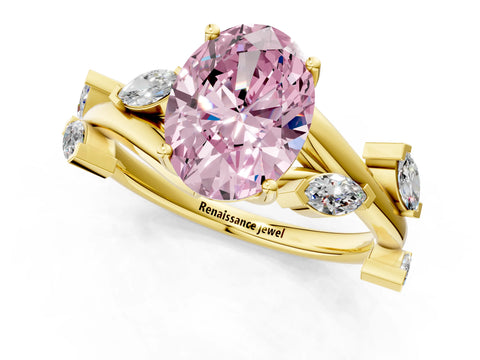 Yellow gold Fancy Pink Oval Cut Solitaire Twisted Band Marquise Accent Prong Setting Ring_1