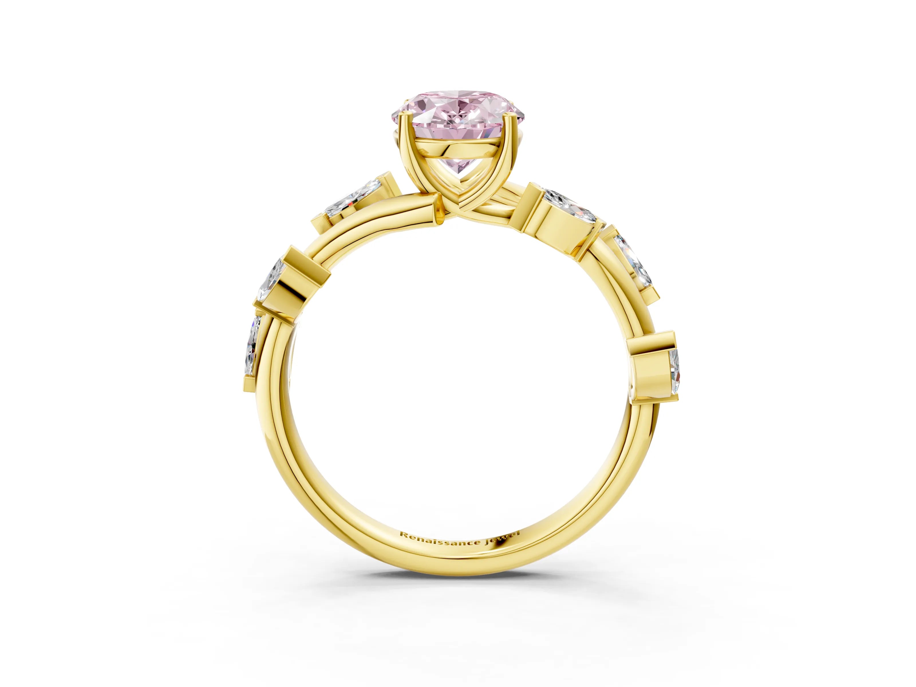 Yellow gold Fancy Pink Oval Cut Solitaire Twisted Band Marquise Accent Prong Setting Ring_3
