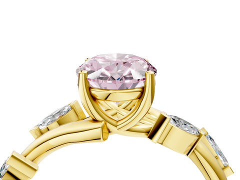 Yellow gold Fancy Pink Oval Cut Solitaire Twisted Band Marquise Accent Prong Setting Ring_4