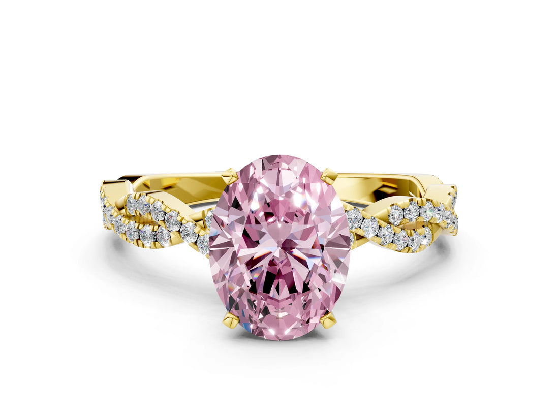 Yellow gold Fancy Pink Oval Cut Solitaire Twisted Pave Band with Four-Prong Setting_3