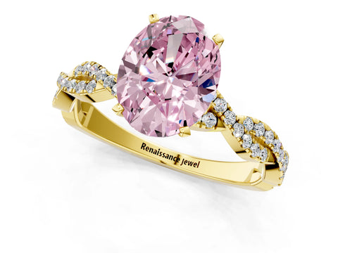 Yellow gold Fancy Pink Oval Cut Solitaire Twisted Pave Band with Four-Prong Setting_4