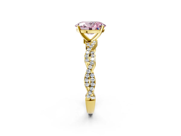 Yellow gold Fancy Pink Oval Cut Solitaire Twisted Pave Band with Four-Prong Setting