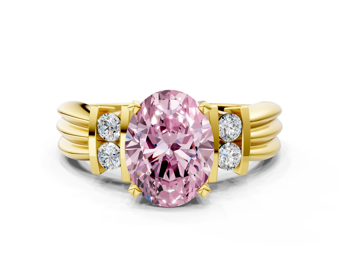 Yellow gold Fancy Pink Oval  Cut Three-Stone Channel Set Ring with Bar Prongs_59