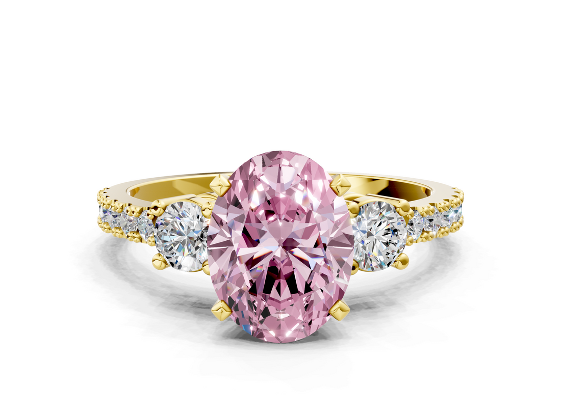 Yellow gold Fancy Pink Oval  Cut Three-Stone Diamond Pavé Band with Prong Setting_17