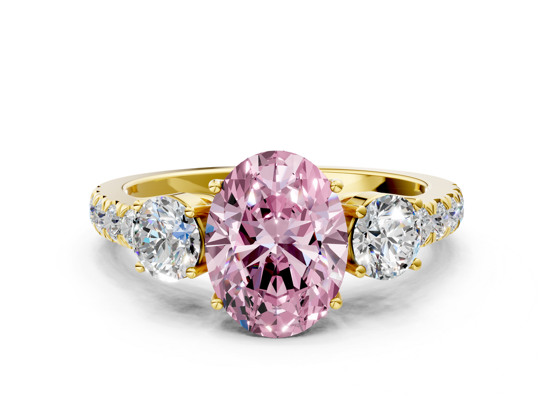 Yellow gold Fancy Pink Oval  Cut Three-Stone Diamond Pave Band with Prong Setting_37