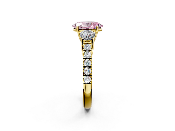 Yellow gold Fancy Pink Oval  Cut Diamond Three-Stone Ring with Round Side Stones and Pavé Band