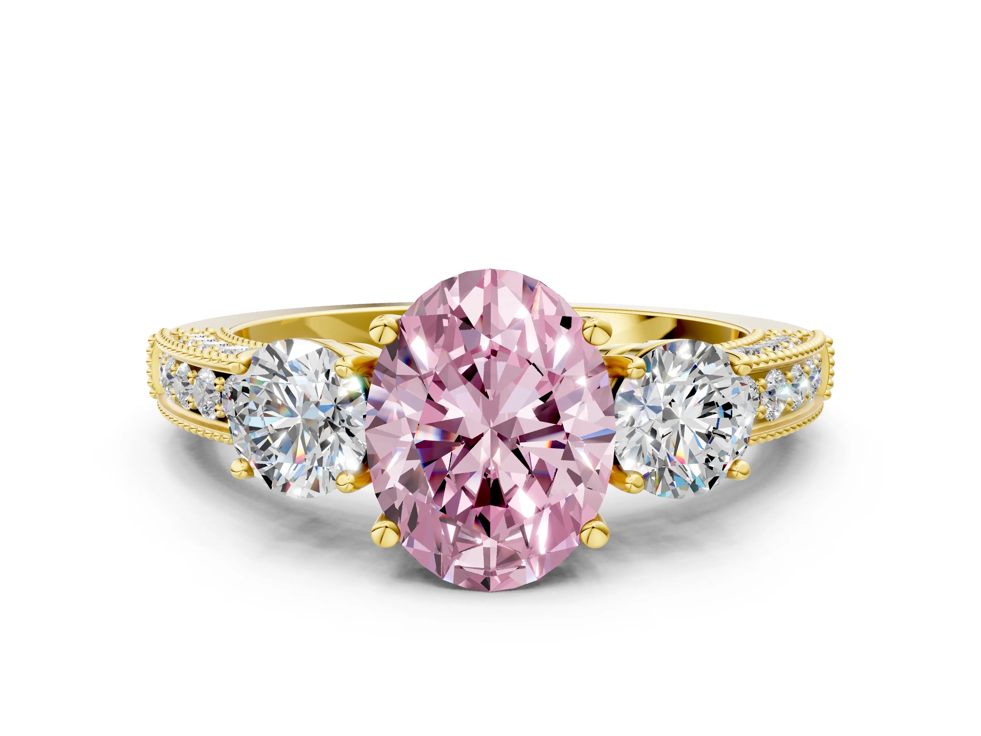 Yellow gold Fancy Pink Oval Cut Three-Stone Diamond Ring with Pavé Band and Four-Prong Setting
