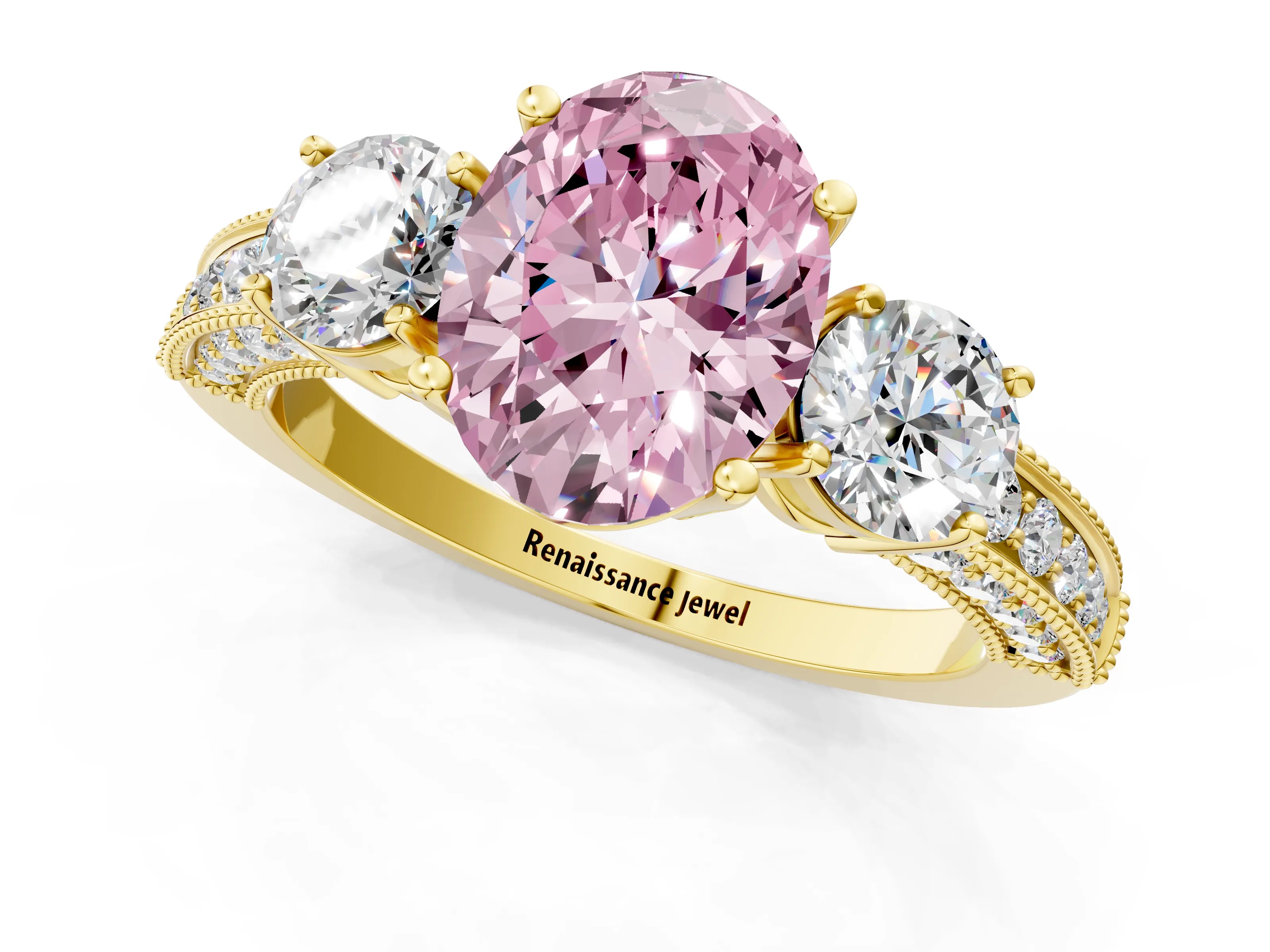 Yellow gold Fancy Pink Oval Cut Three-Stone Diamond Ring with Pavé Band and Four-Prong Setting_1