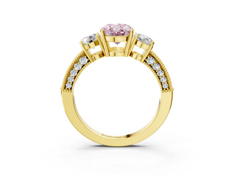 Yellow gold Fancy Pink Oval Cut Three-Stone Diamond Ring with Pavé Band and Four-Prong Setting_3