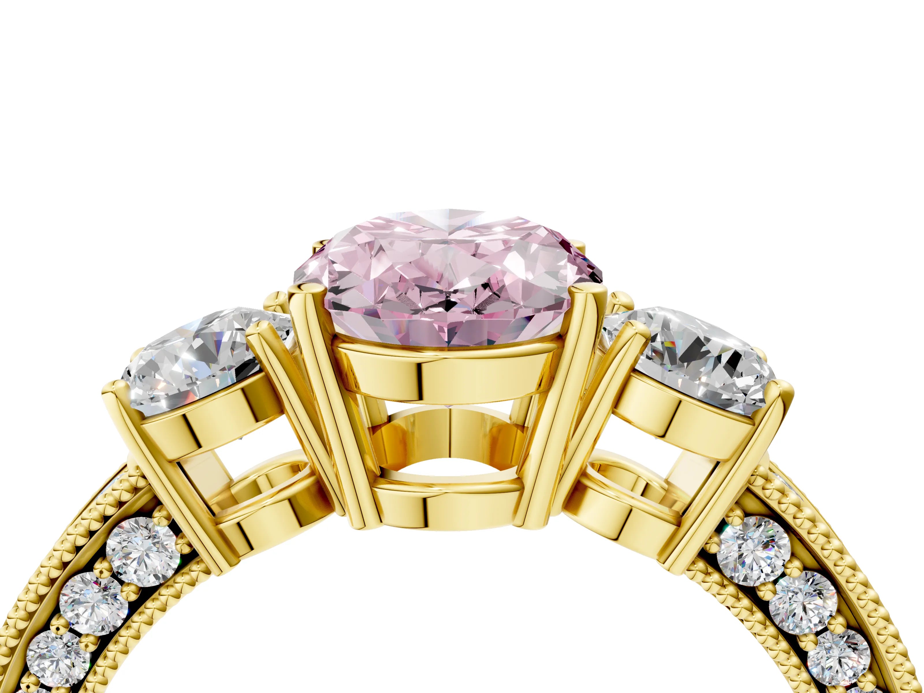 Yellow gold Fancy Pink Oval Cut Three-Stone Diamond Ring with Pavé Band and Four-Prong Setting_4
