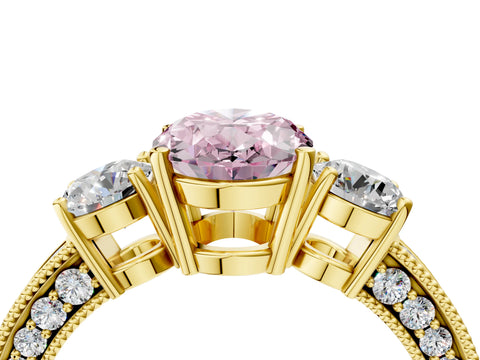 Yellow gold Fancy Pink Oval Cut Three-Stone Diamond Ring with Pavé Band and Four-Prong Setting_4