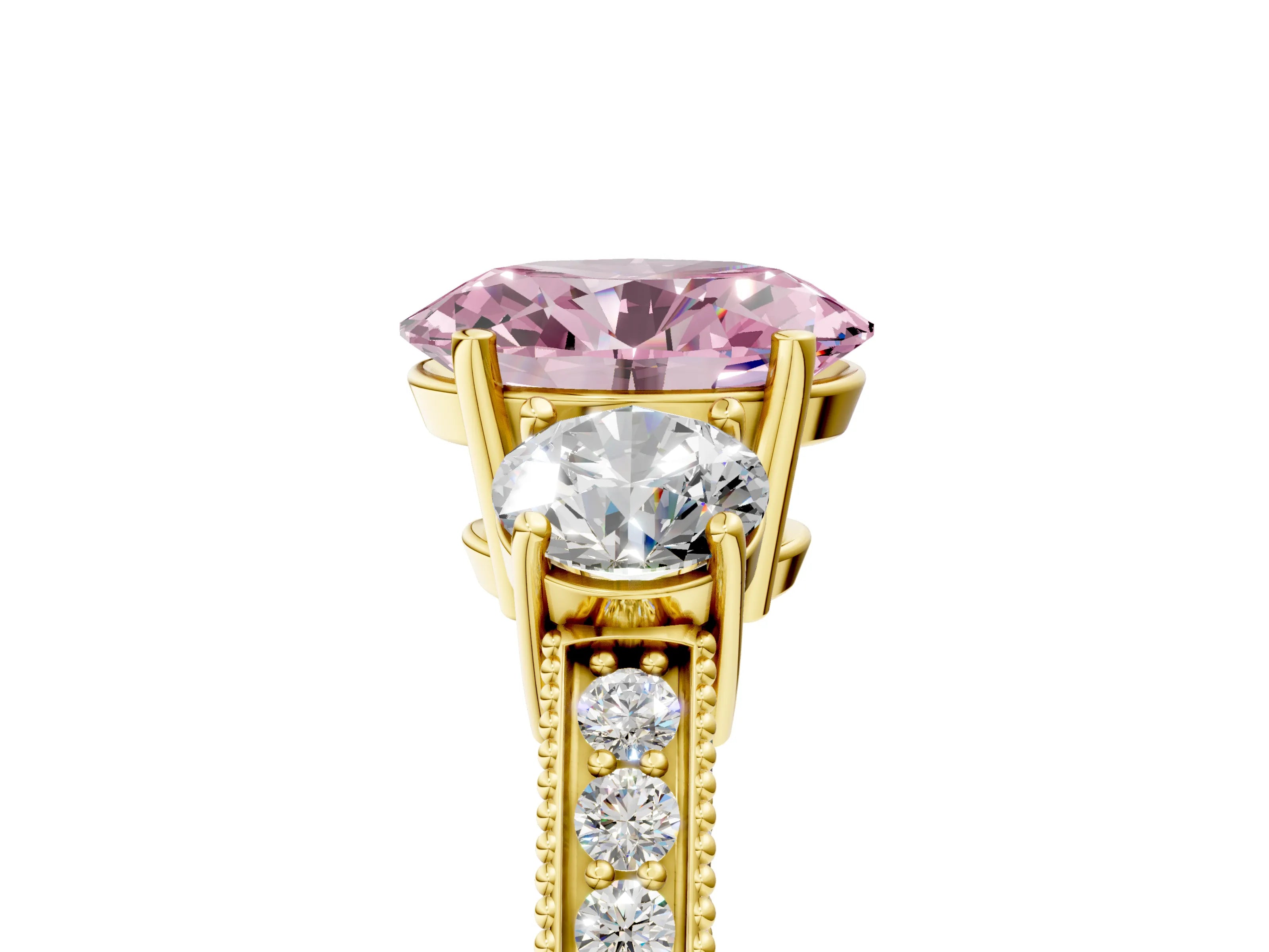 Yellow gold Fancy Pink Oval Cut Three-Stone Diamond Ring with Pavé Band and Four-Prong Setting_5