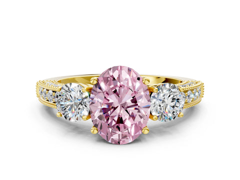 Yellow gold Fancy Pink Oval Cut Three-Stone Diamond Ring with Pavé Band and Four-Prong Setting