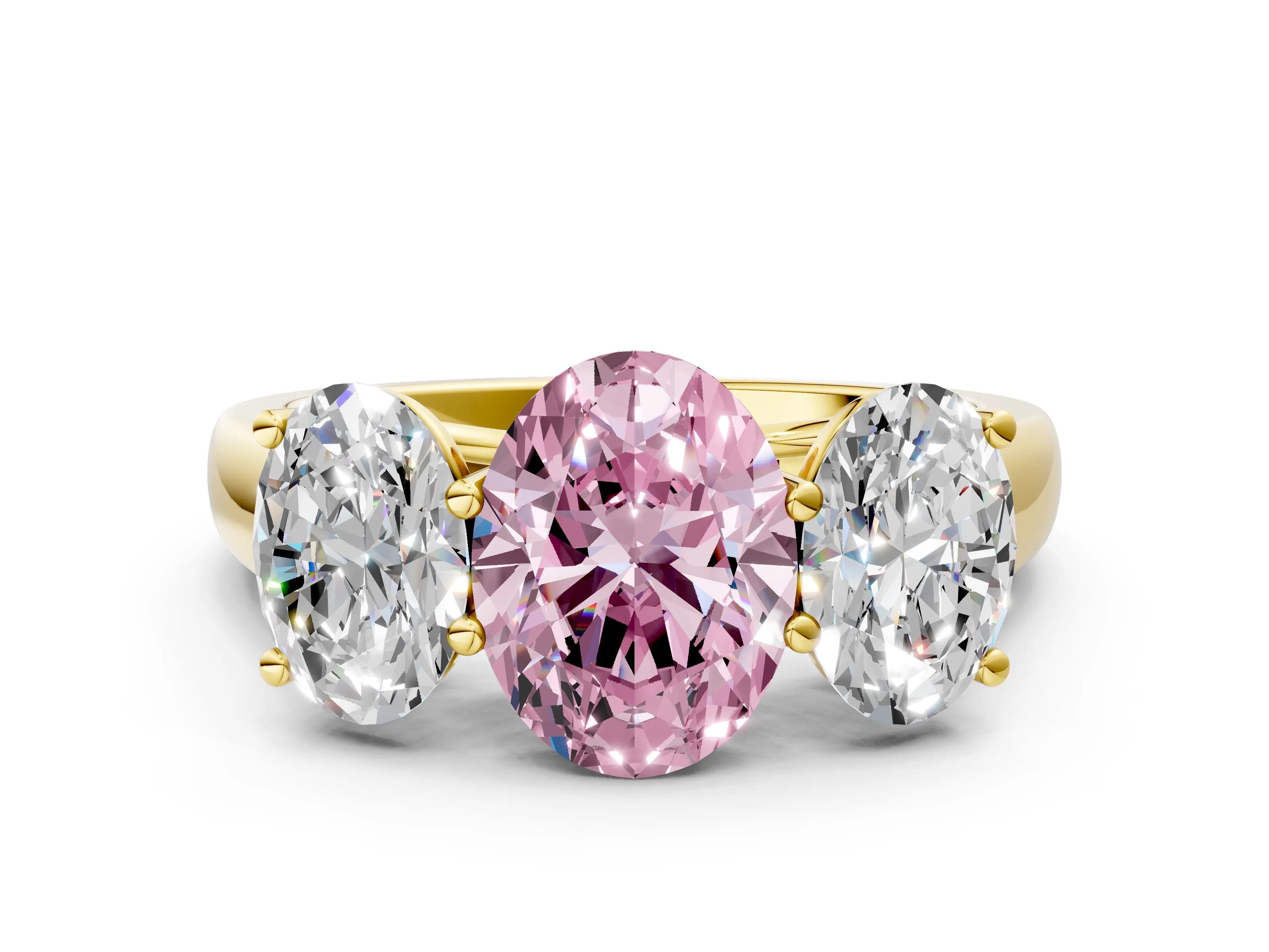 Yellow gold Fancy Pink Oval Cut Three-Stone Diamond Ring with Prong Setting on a Classic Band