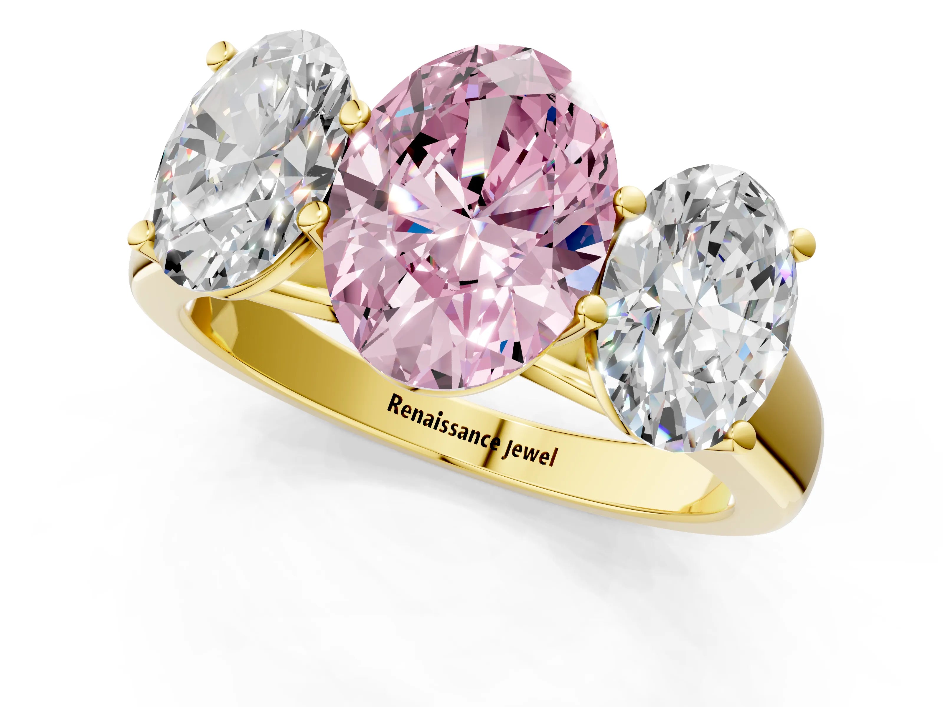 Yellow gold Fancy Pink Oval Cut Three-Stone Diamond Ring with Prong Setting on a Classic Band_1