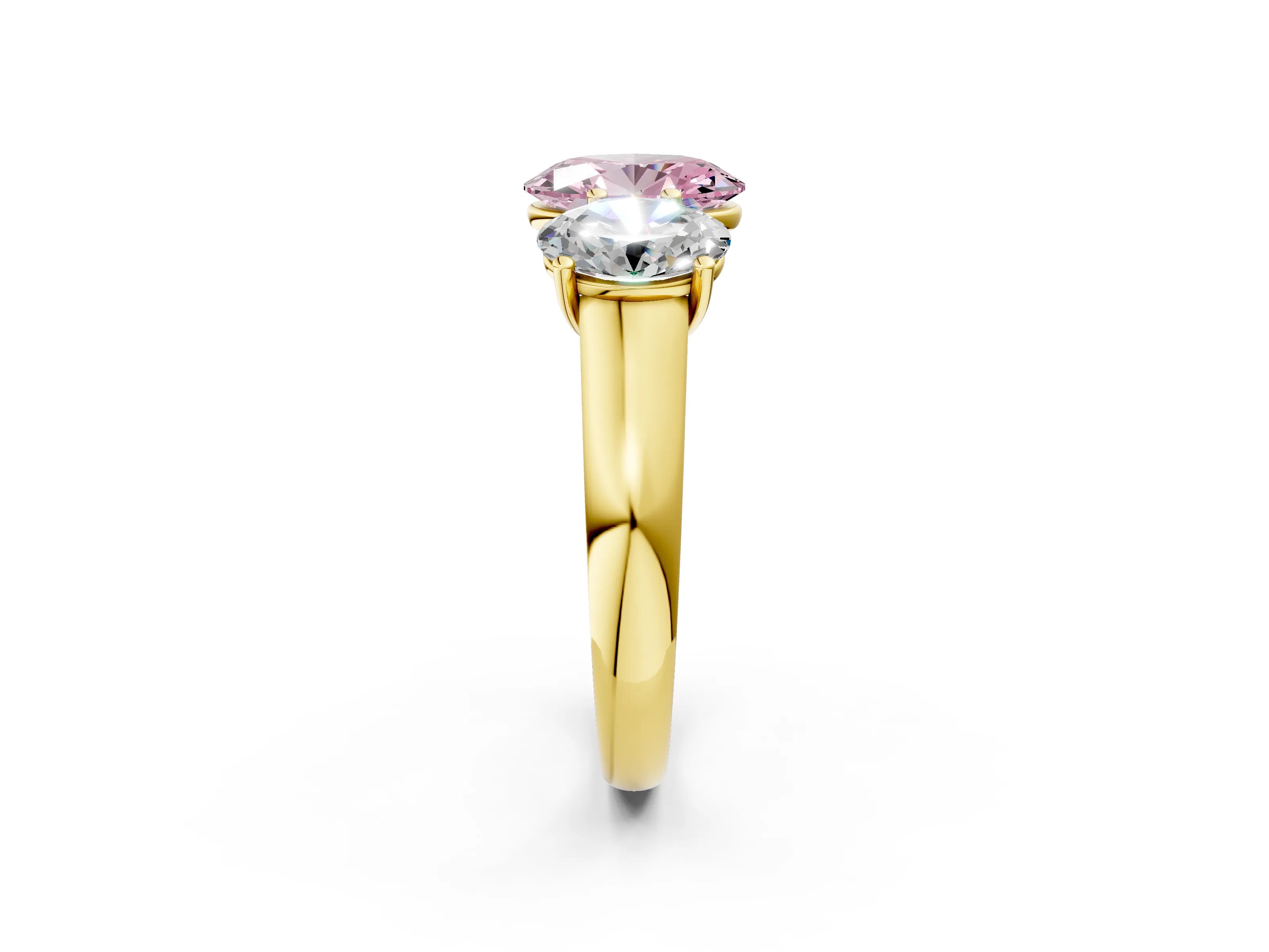 Yellow gold Fancy Pink Oval Cut Three-Stone Diamond Ring with Prong Setting on a Classic Band_2