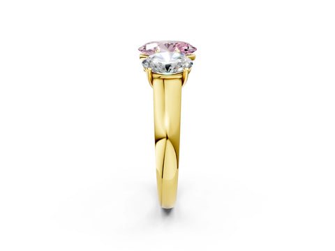 Yellow gold Fancy Pink Oval Cut Three-Stone Diamond Ring with Prong Setting on a Classic Band_2