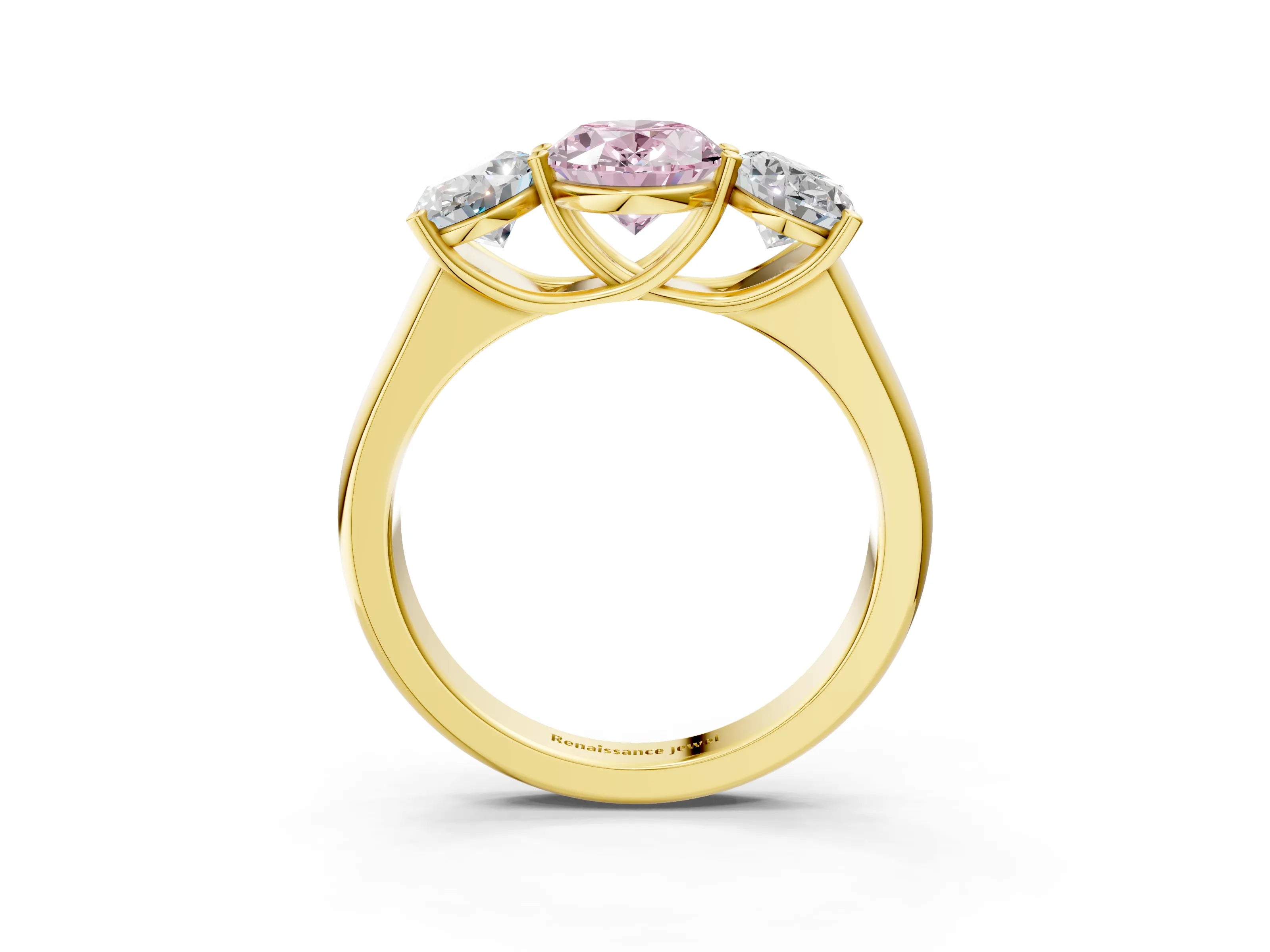 Yellow gold Fancy Pink Oval Cut Three-Stone Diamond Ring with Prong Setting on a Classic Band_3