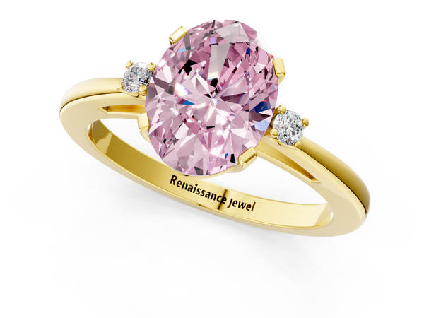 Yellow gold Fancy Pink Oval  Cut Three-Stone Solitaire Ring with Round Accent Diamonds and Four-Prong Setting