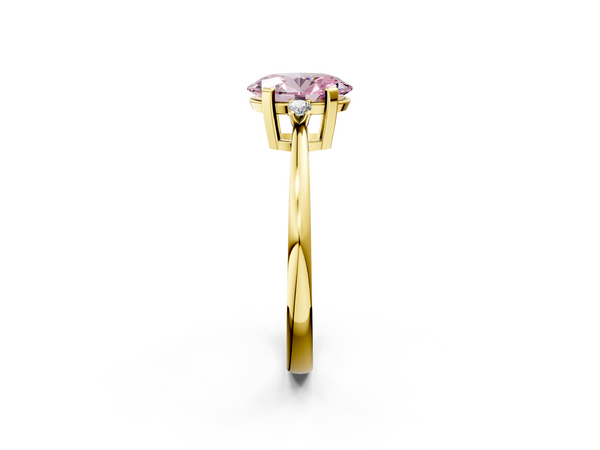 Yellow gold Fancy Pink Oval  Cut Three-Stone Solitaire Ring with Round Accent Diamonds and Four-Prong Setting