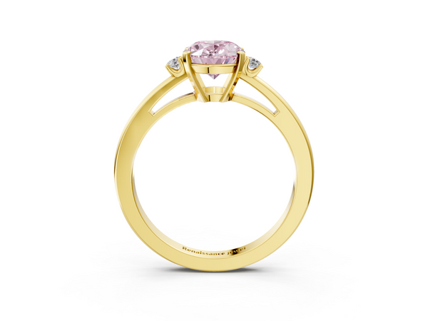 Yellow gold Fancy Pink Oval  Cut Three-Stone Solitaire Ring with Round Accent Diamonds and Four-Prong Setting